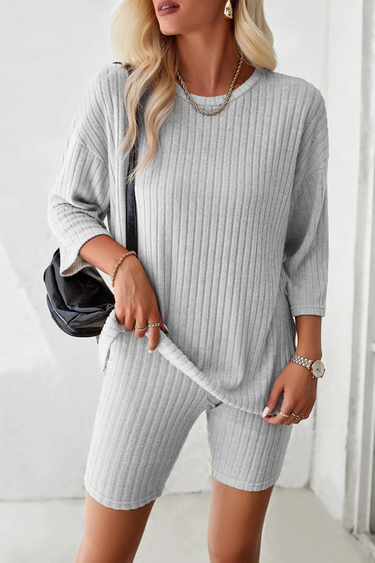 

New Casual Solid Color Spring Summer Set Loose round Neck Top Shorts Women's Fashion Cross-Border Wind Clothing Polyester Fiber