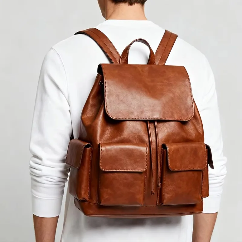 Durable Pu Leather Men's Portable Large Capacity Waterproof Backpack Backpack Drawstring Backpack