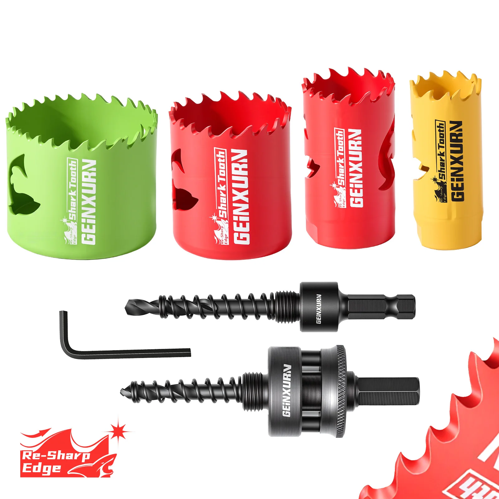 

Geinxurn 6PCS Hole Saw Set( 7/8'',1-1/8'',1-1/2'',2-1/8''), with Big & Small Quick Change Arbor for Wood Metal