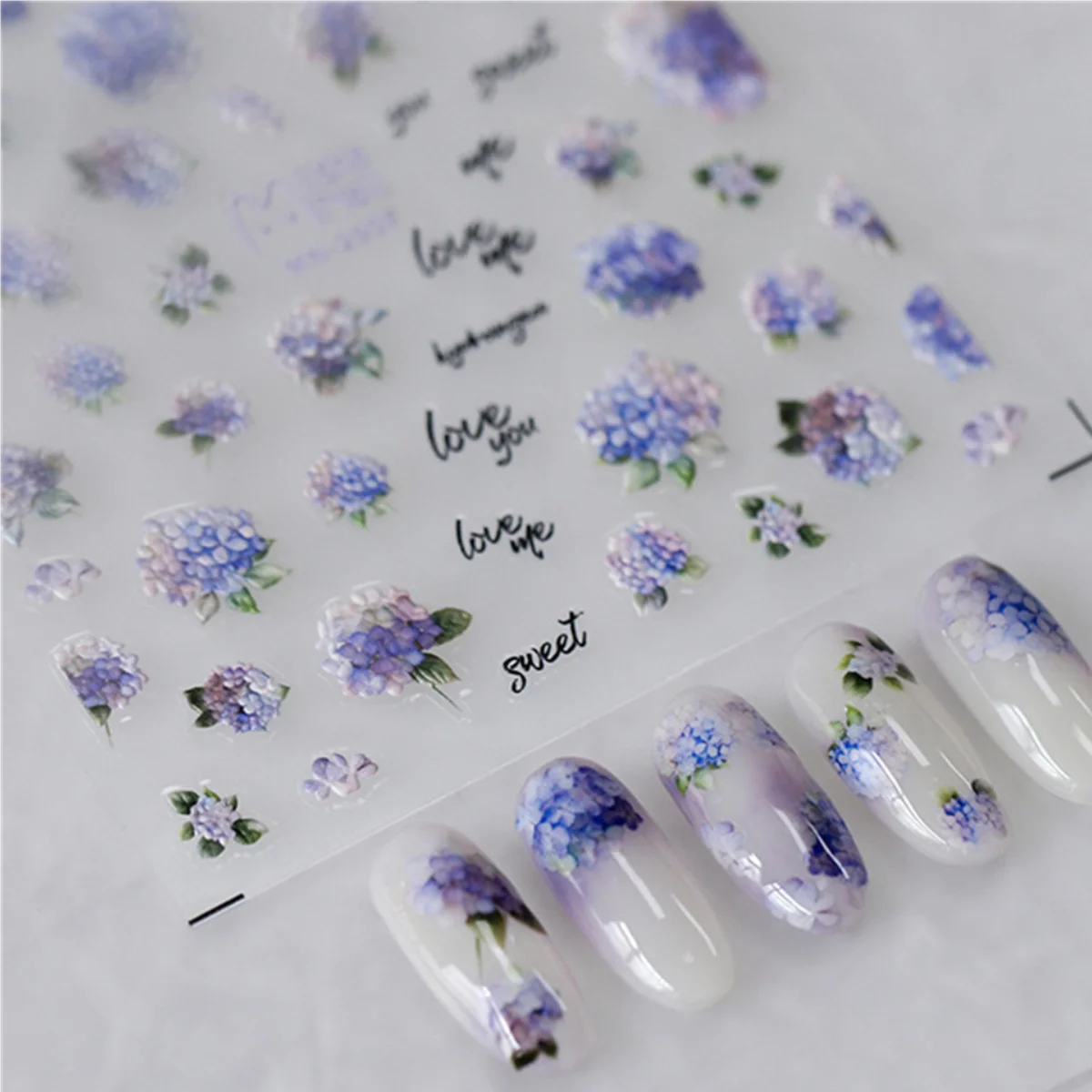 1pcs 5D Embossed Kawaii Flower Nail Art Stickers Beatuy Purple Hydrangea Self-adhesive Transfer Nail Decoration Slider Decal DIY