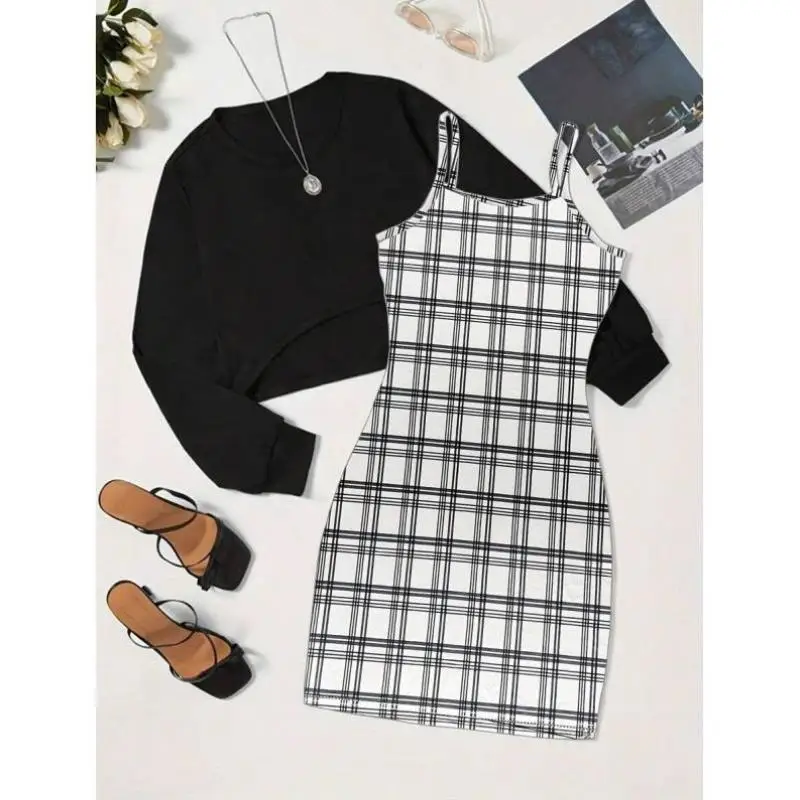

New Arrival Pure Color Top And Plaid ter Dr Two-Piece Set Men's Casual Sportswear Sve Length Seven Sve Autumn