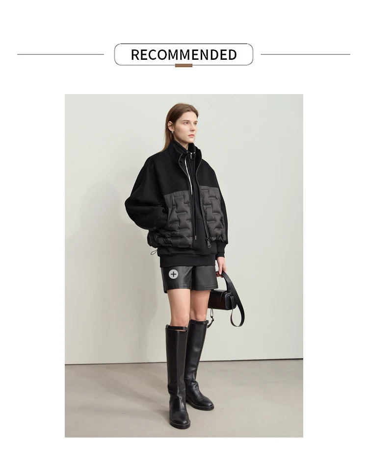 AMII Down Coats 100% Wool Stand Collar Loose Spliced Jackets for Woman 2024 Winter Warm New Casual Versatile Jacket 12454007