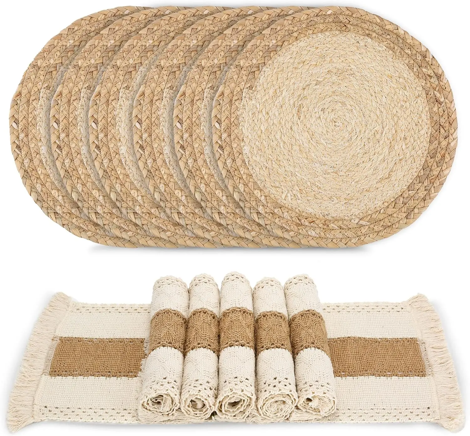 

Handmade Boho Placemats Set of 6 - Natural Cotton Burlap and Water Straw Woven, Farmhouse Style for Dining Table