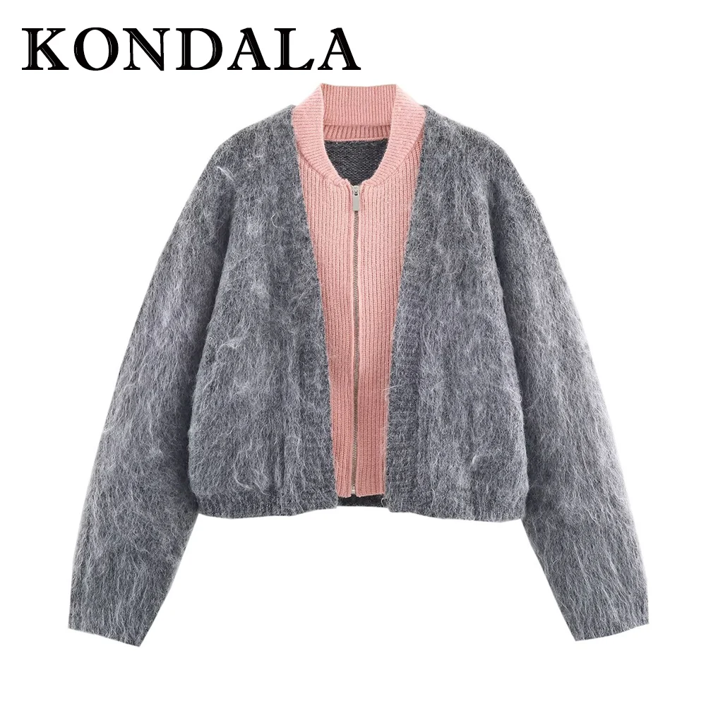 KONDALA Chic Patchwork Pink Grey Women Winter Casual Knitted Outwear Vintage Fashion 2025 Female Elegant Modern Zipper Sweater