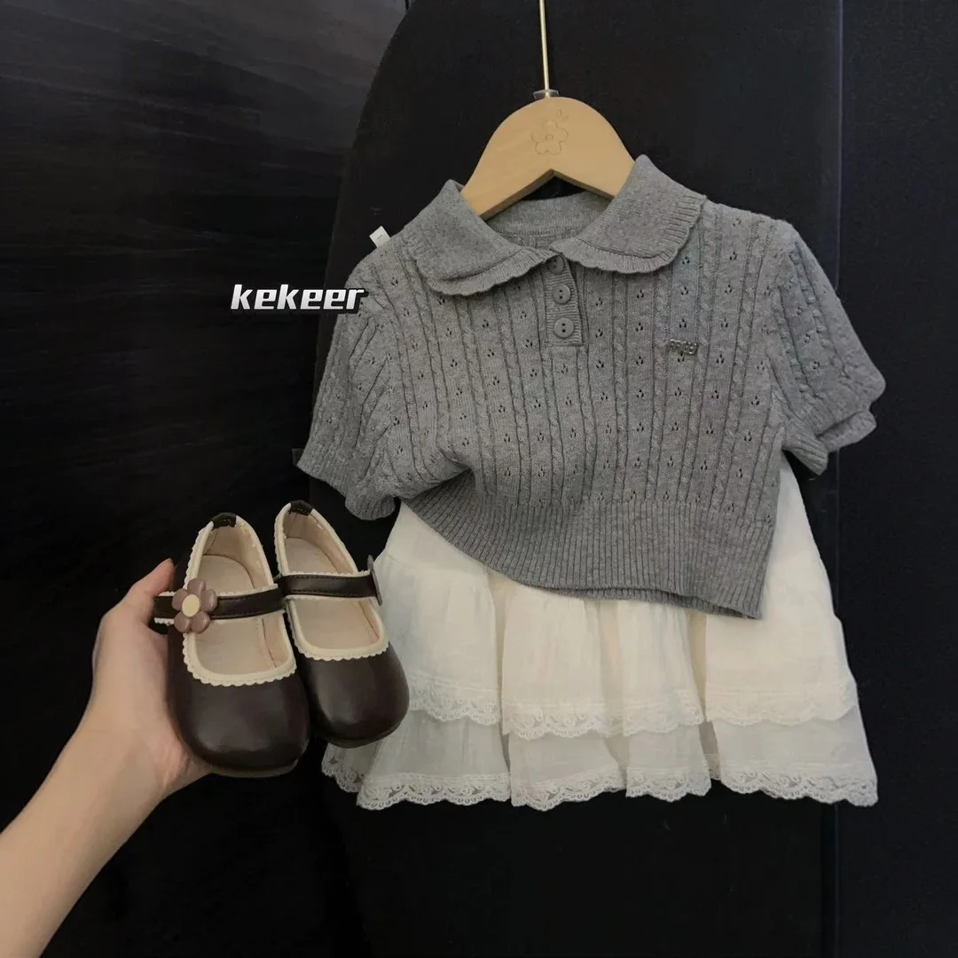 

Korean Version of Baby Girl Summer New Academic Style Short-sleeved Lace Neck Knitted Sweater Fashionable Lace Skirt Set