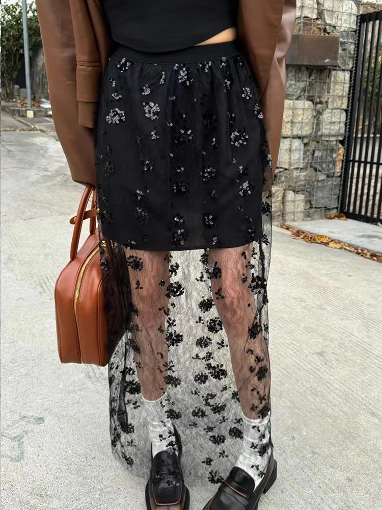 Dongda Gate Lace Half Skirt Women's Apron Layered Skirt Net Curtain Midi Length Bright Sequin Semi-Body Skirt Korean Style Hi...