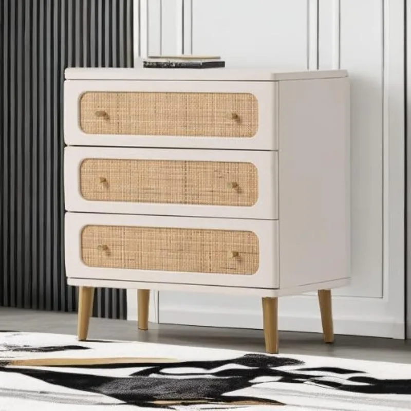 Wicker Rattan Chest of Drawers, 3-Drawer Dresser, White Finish Wooden Storage Cabinet, Modern Farmhouse Accent Table