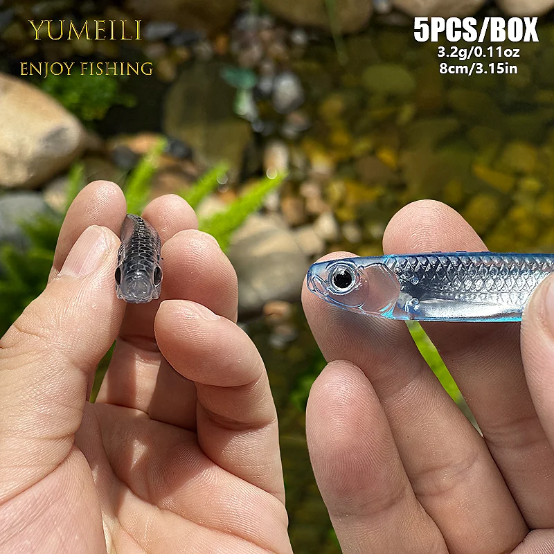 YUMEILI 5 Stück Regenbogen-Fisch-Softbait, mit integrierten reflektierenden Pailletten, 3D-simulierten Augen und großem T-Schwanz – Detail 3