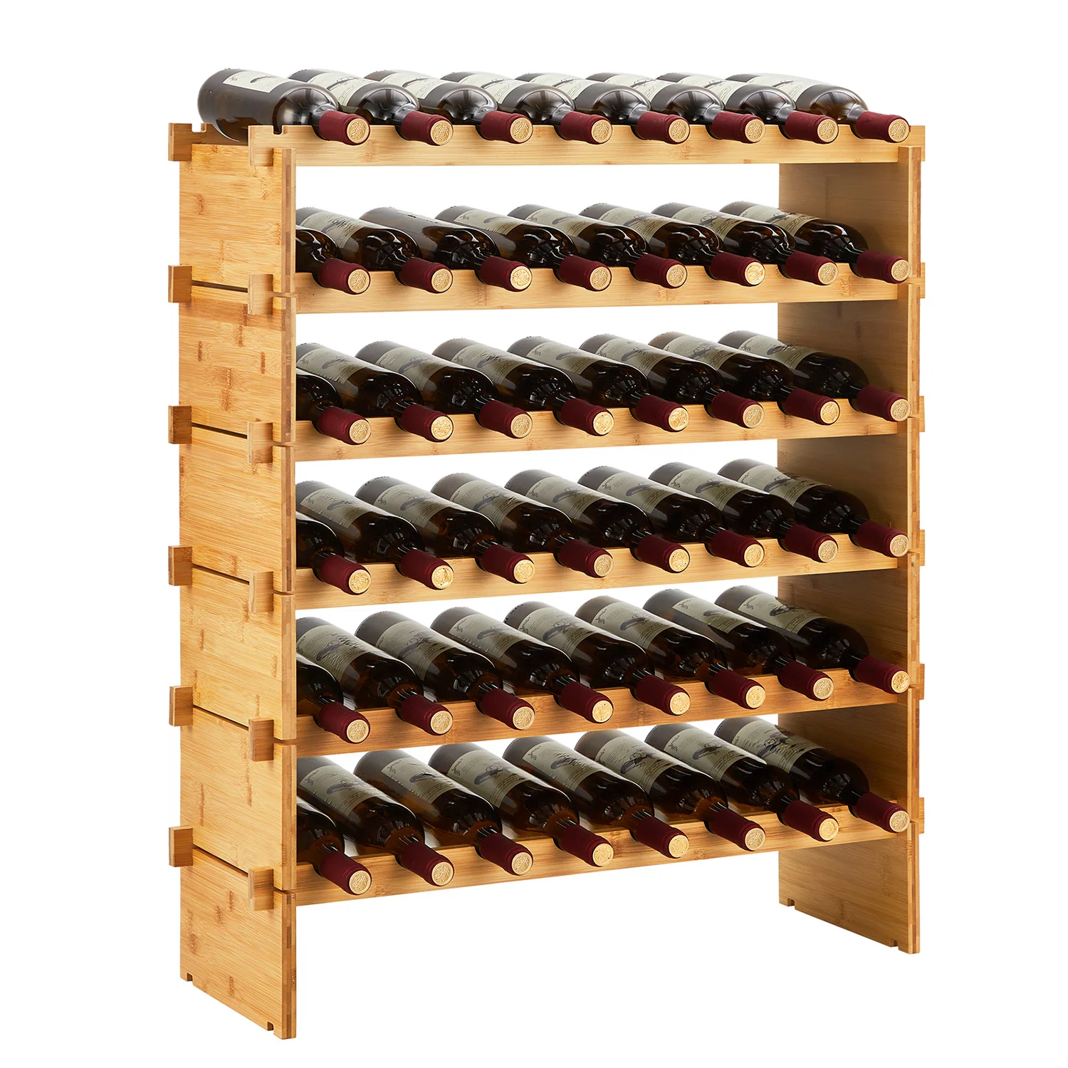Stapelbares Weinregal aus Holz – 4/6/8-stufiges modulares Bambus-Holz-Aufbewahrungsregal – Freistehender Weinflaschenhalter – Einfache Montage – Organizer für Küche, Bar, Schrank, Keller – Fasst bis