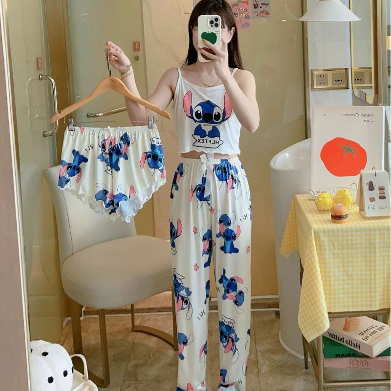 

3pcs Disney Stitch Women Pajamas Set Anime Summer Girl Sleeveless Top Shorts Set Cartoon Crop Cami Top Homewear Sleepwear Gifts