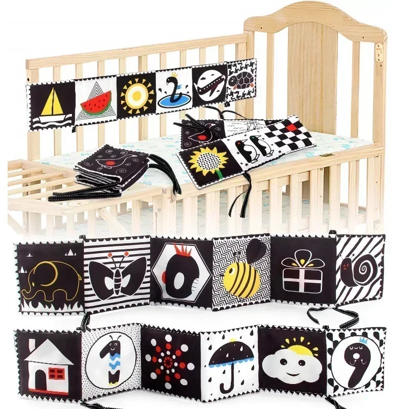 Livro de pano sensorial para bebê recém-nascido, alto contraste, brinquedos para berço, preto e branco, animal, montessori, 0-12 meses