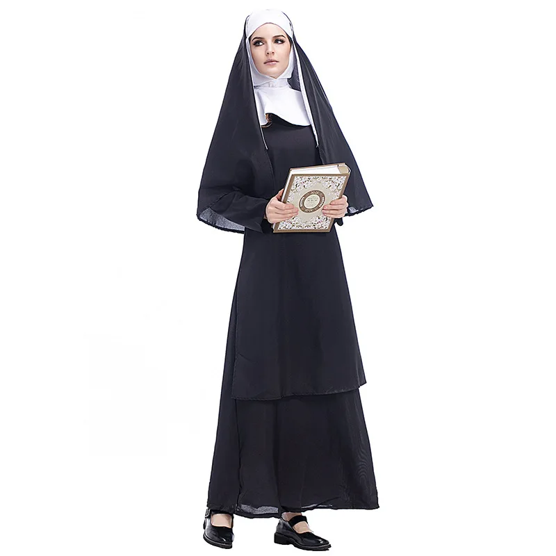 Nun Sister Habit Costume Halloween Women's Christian Missionary Catholic Cosplay Carnival Fantasia Fancy Dress Balck Long Dress