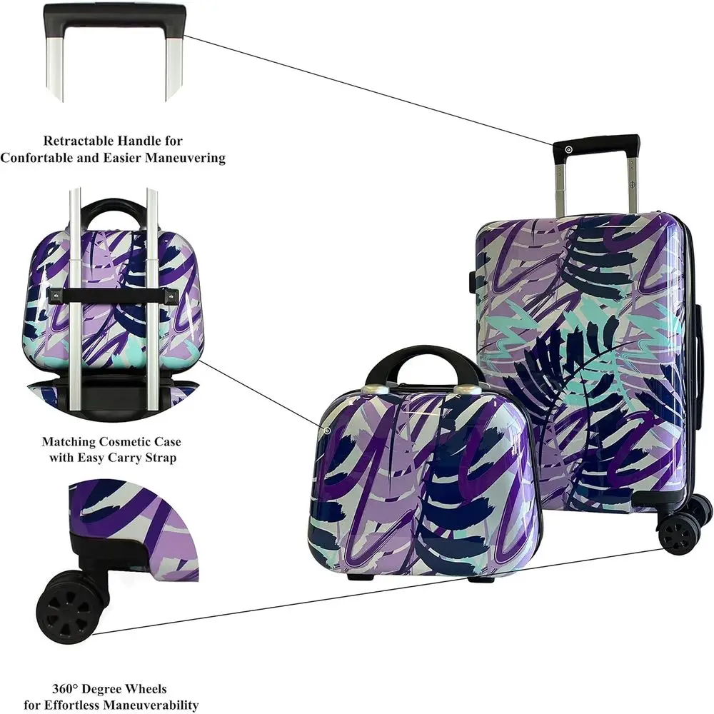Compact Polycarbonate Spinner Luggage Set - Tropical Leaves Design for Air Travel