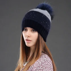 CNTANG Women Hat Winter Sequins Knitted Rabbit Fur Beanies Fashion Warm Casual Hats With Natural Raccoon Fur Pompom Cap Female