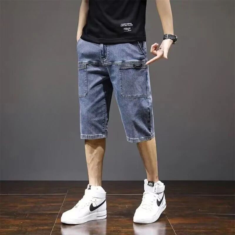 

Summer Men's 6-Pocket Capri Jeans Shorts Workwear Durable Casual Loose Fit Cargo Denim