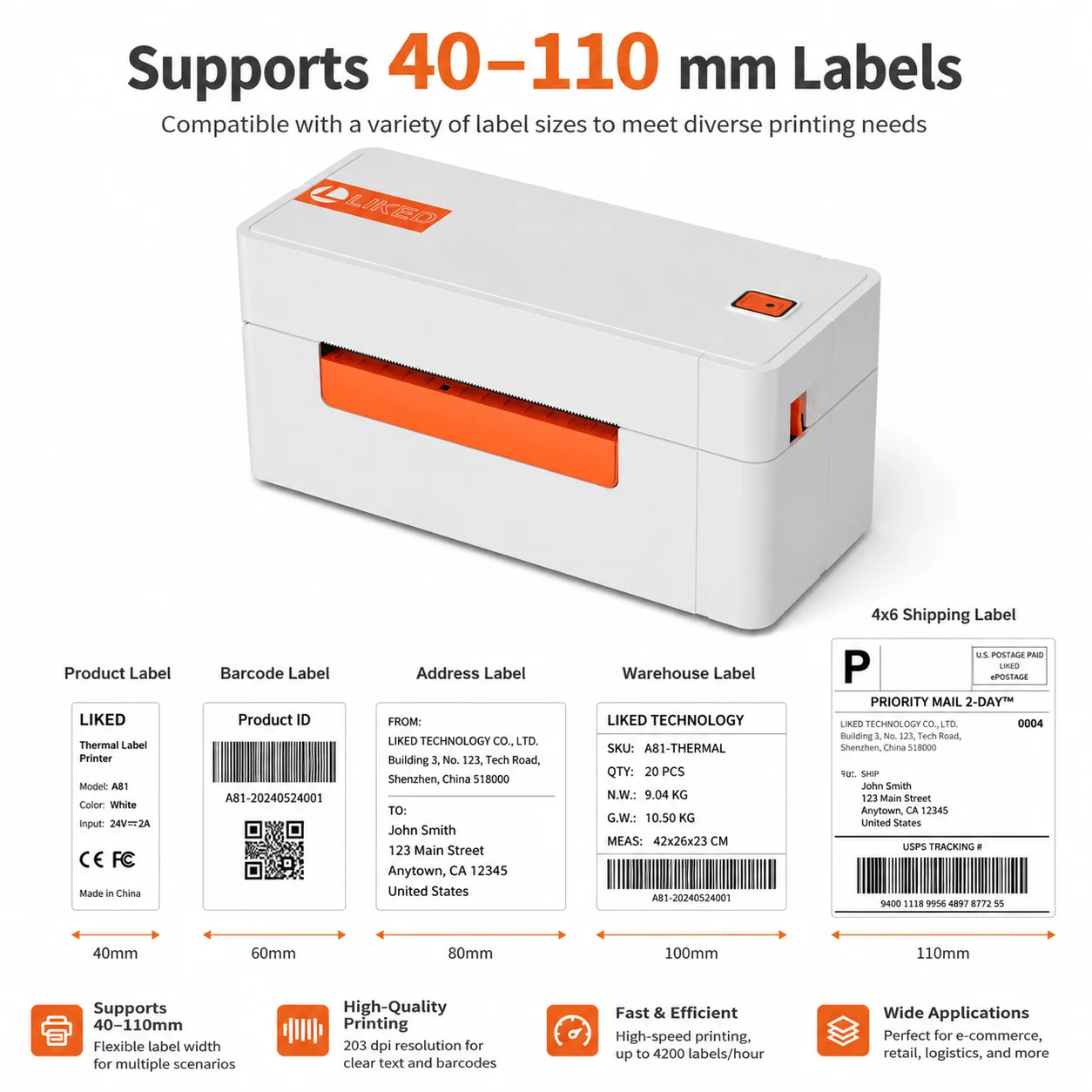 AIYIN A81 4x6 Thermal Shipping Label Printer 203DPI 150mm/s USB+Bluetooth Barcode Printer for Ecommerce Warehouse
