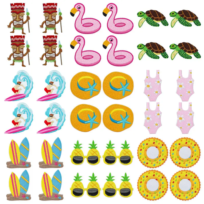 10Pcs/Lot Tropical Island Theme Embroidery Patches Tiki God Flamingo Surf Iron On Patches For Clothing Travel DIY Craft Gifts