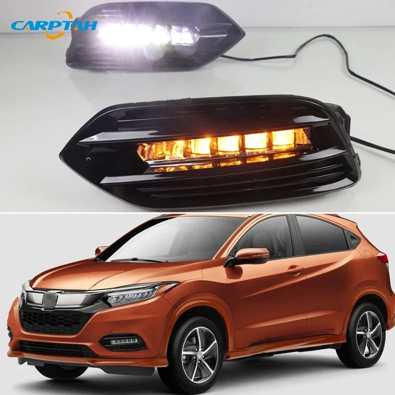 Car LED DRL Daylights For Honda HRV HR-V Vezel 2019 2020 Yellow Turn Signal Daytime Running Headlamps Auto Driving Lamp Foglamps