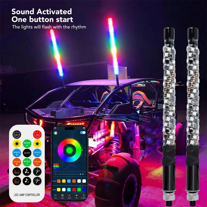 2PCS 1FT LED Whip Lights APP Remote Control Flagpole Antenna Whips LED Flagpole Lamp for UTV ATV Off-Road Truck RZR Car