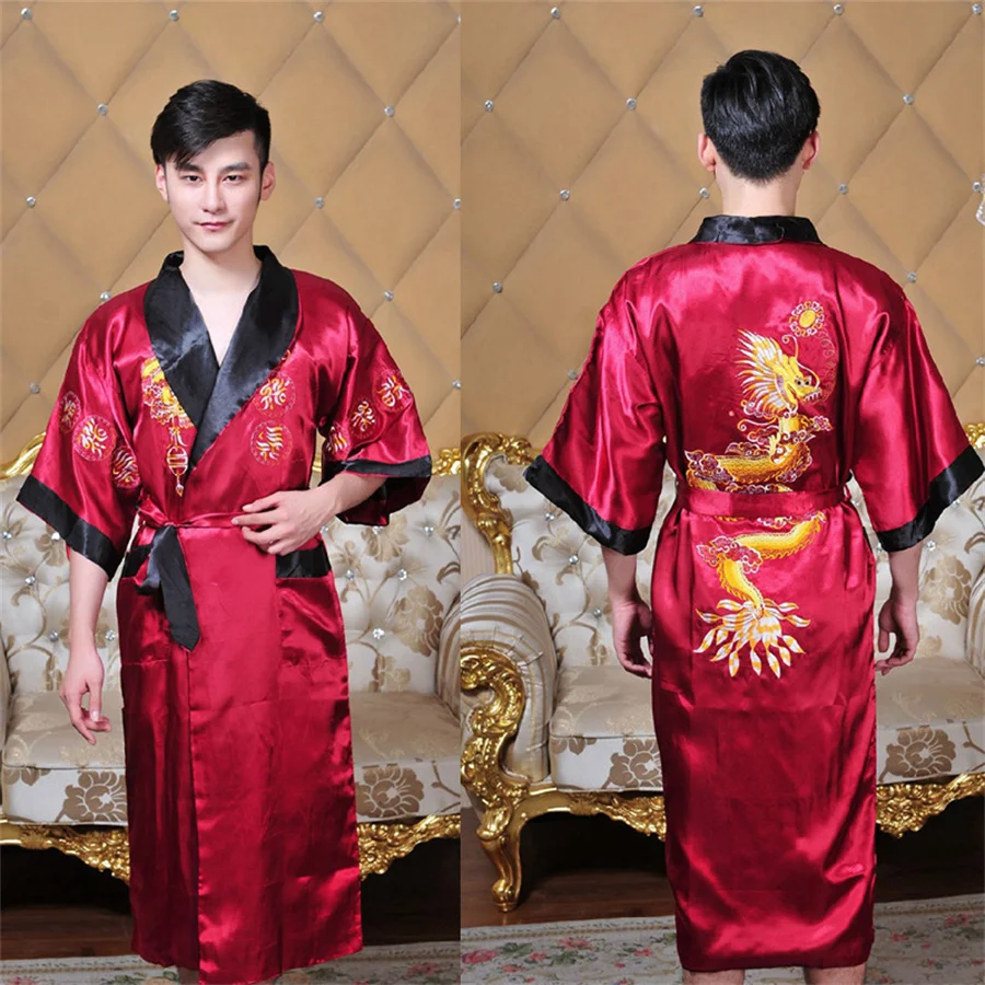 Summer Rayon Kimono Bathrobe Men Night Gown Two Side Wear Sleepwear Dragon Embroidery Shower Robe Men Novelty Home Clothing