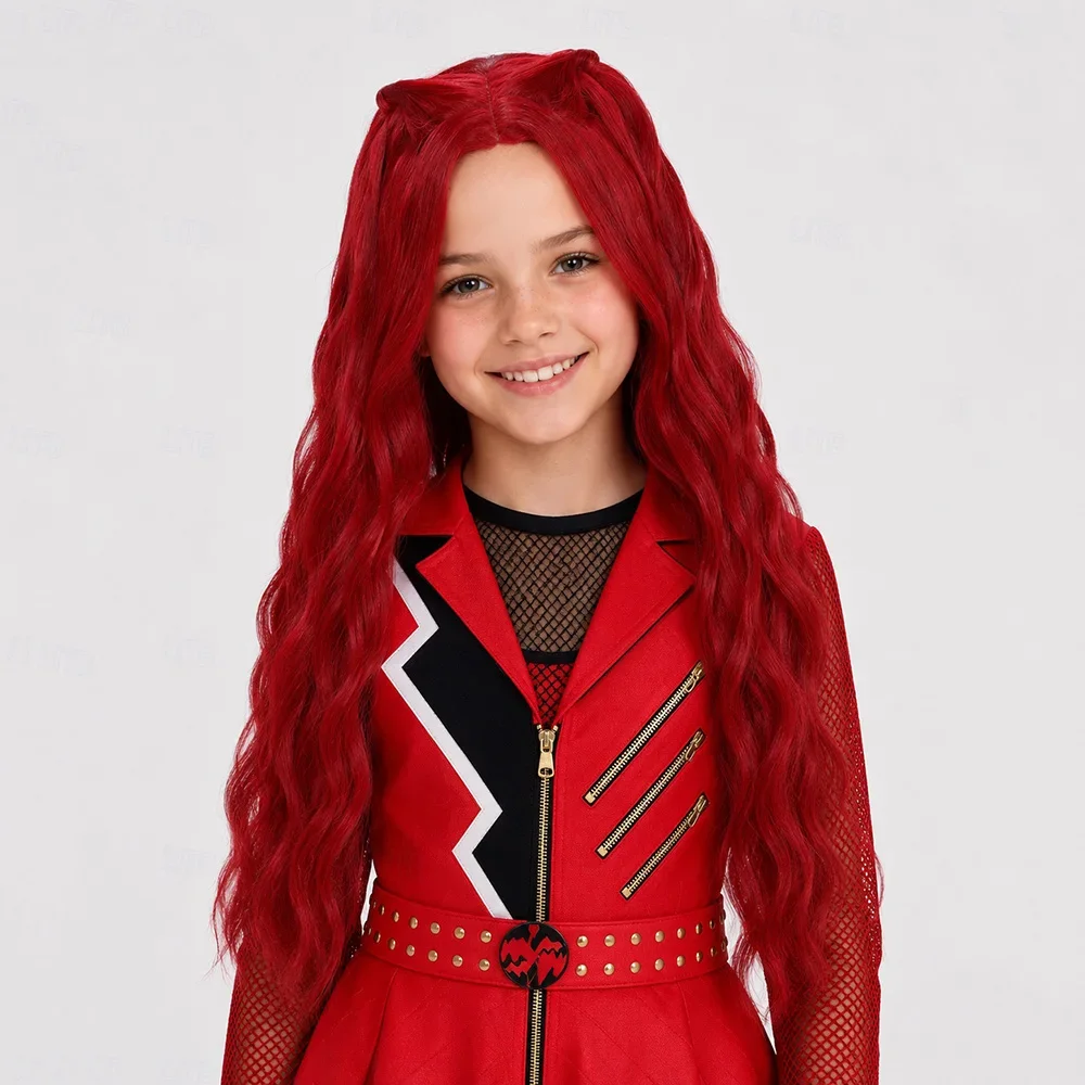 Synthetic Hair Fantasy Villain Heir Rebel Princess Descendants Wicked Wonderland Red Braided Cosplay Wig for Girls Kid Halloween