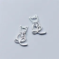 New 925 Sterling Silver Jewelry Not Allergic Fashion Sweet Animal Cat Crystal Cute Temperament Exquisite Stud Earrings