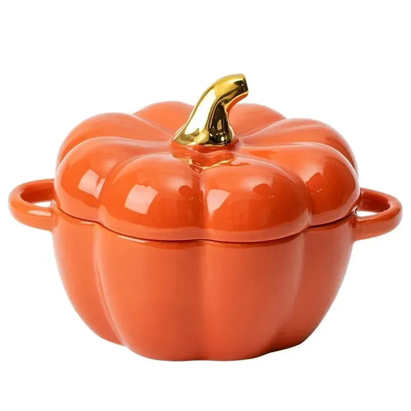 Pumpkin Ceramic Bowl With Lid Microwave Bakeware Oven Baking Kitchen Halloween Party Festival Decoration ramen Cereal Bowl Set 2