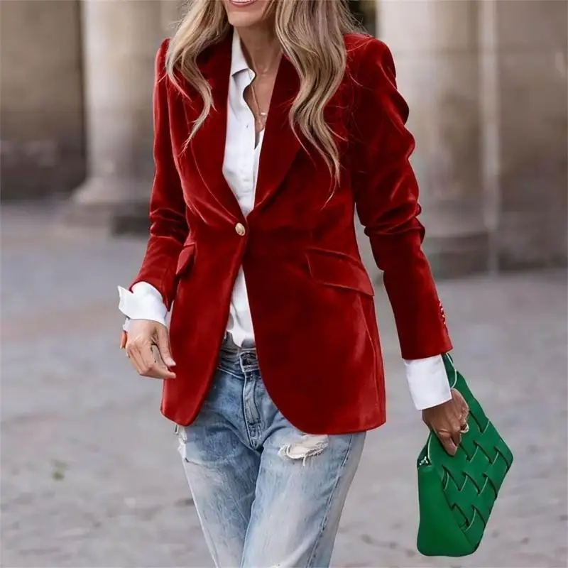 

39BC Flannel Suit For Women Casual Open Front Long Sleeve Jackets Work Business Suit Coat