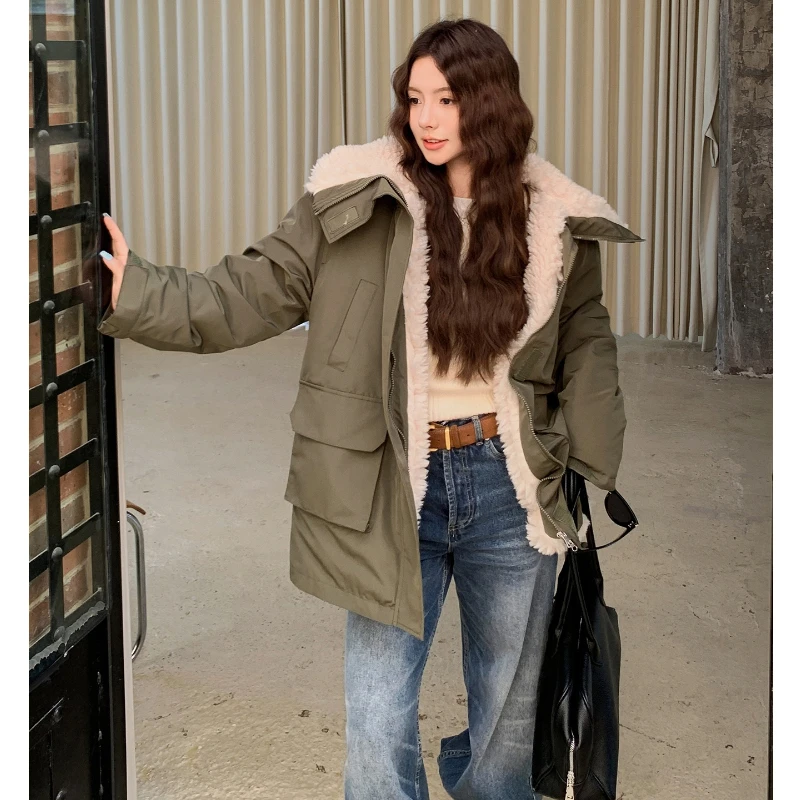 

Women's Short Thickened Puffer Jacket Lamb Fur Velvet Loose Warm Winter Coat Cotton Clothes Long Sleeve Cold Proof Outerwear