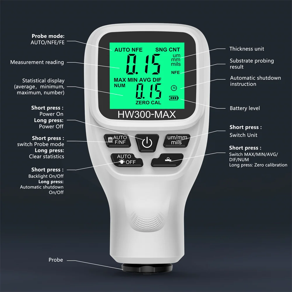 HW-300 Fe and NFe probe Measuring Tools Car Paint Coating Thickness Gauge Electroplate Metal Coating Thickness Tester 0-2000um