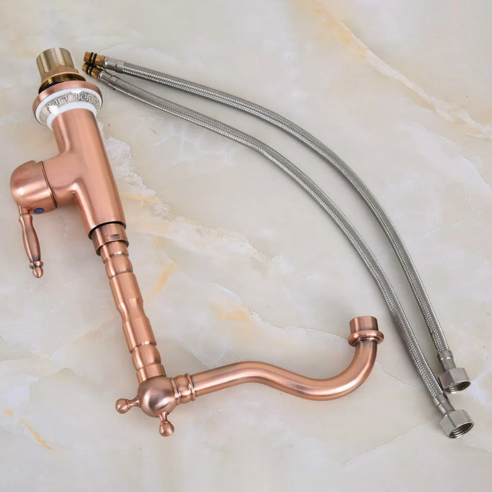 Kitchen faucet Antique Red Copper Bathroom Basin Faucet Swivel Spout Vanity Sink Mixer Tap Single Handle Nnf626
