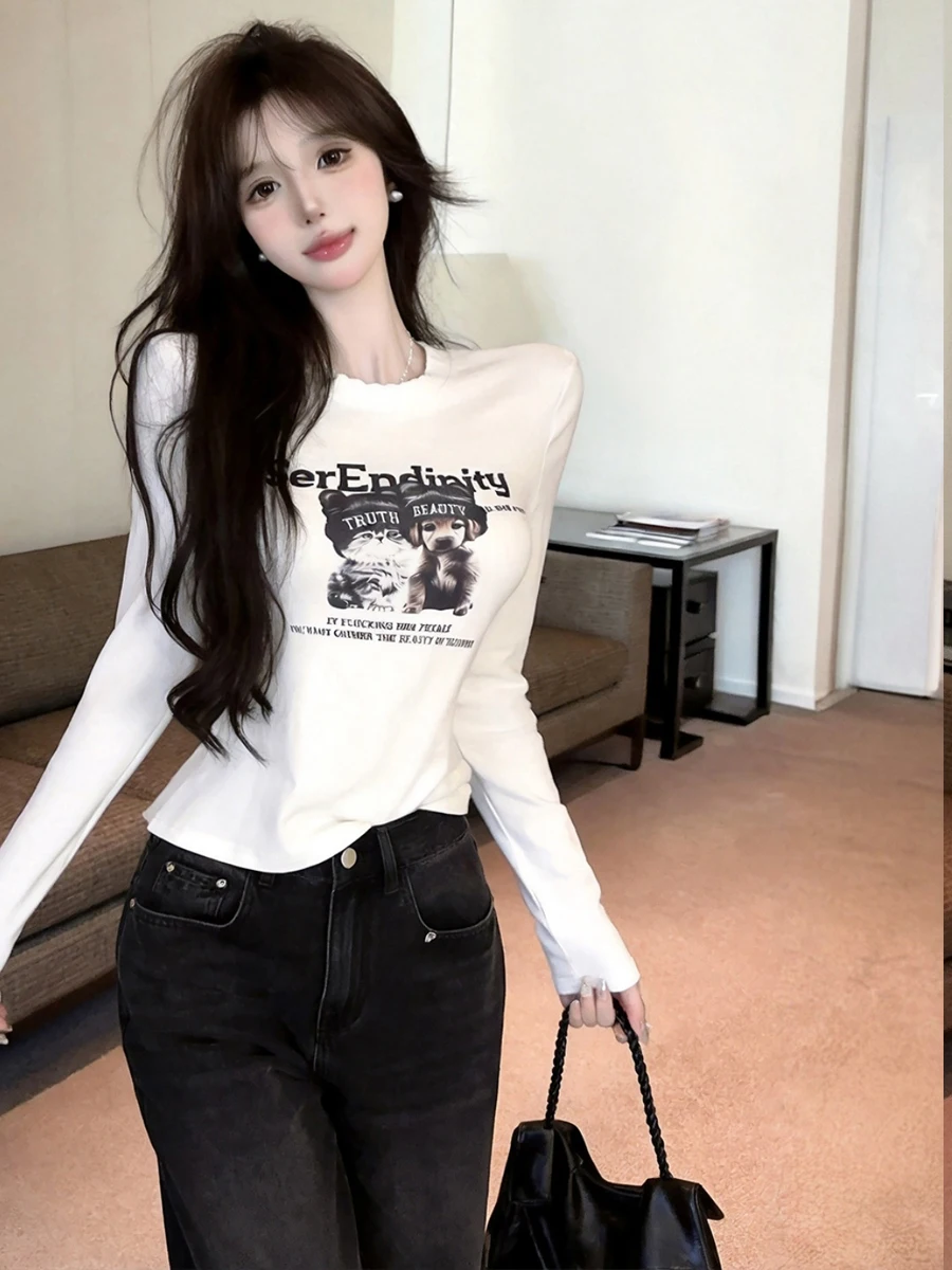 Retro American Hot Girl Letter Print Long Sleeve Slim Fit Versatile T-Shirt Simple Small Audience Upper Apparel Polyester Fiber