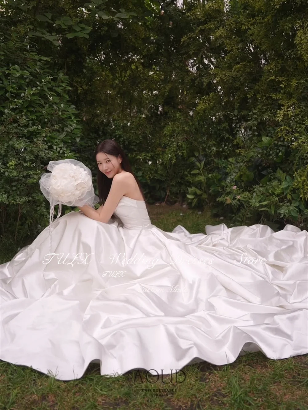TULX Elegant Ivory Satin Wedding Dress Korea Photo Shoot Sweetheart A line Floor Length Bridal Gown Corset Customized 웨딩드레스