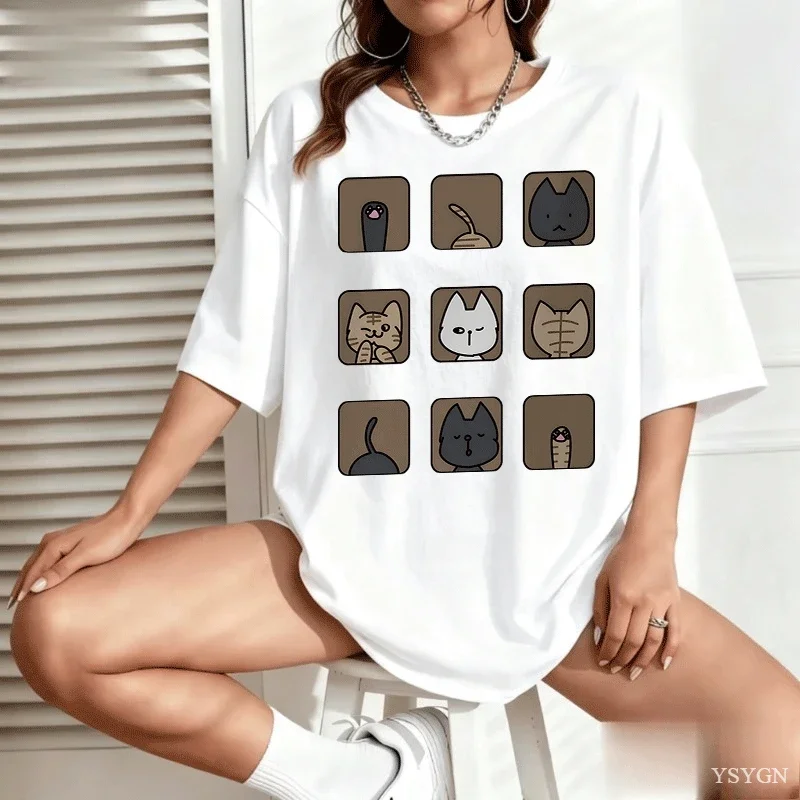 Nine Grid Square Cute Cat Cartoon Women T Shirt O-Neck Short Sleeve Kawaii Oversized Casual Daily Streetwear Male Tee Tops