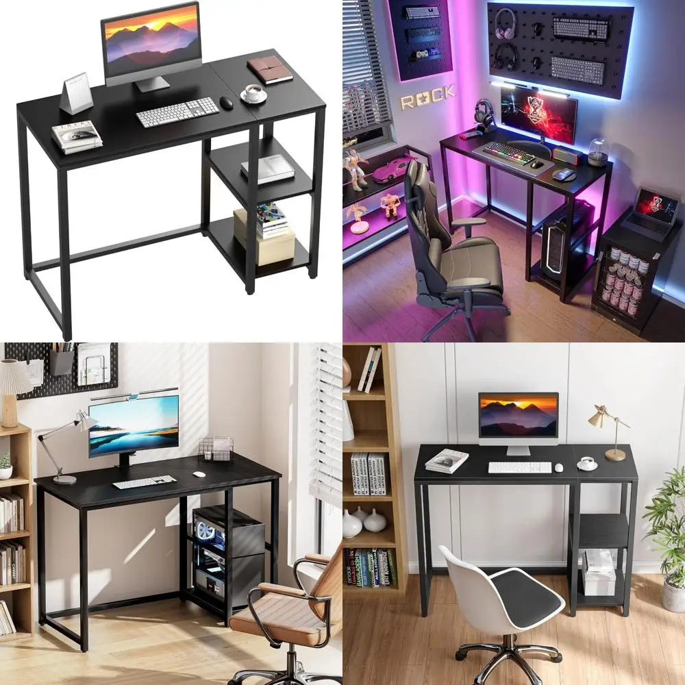 مكتب ألعاب 40 بوصة مع أرفف تخزين - مكتب كمبيوتر أسود للمساحات الصغيرة، مكتب كمبيوتر مع منظمات