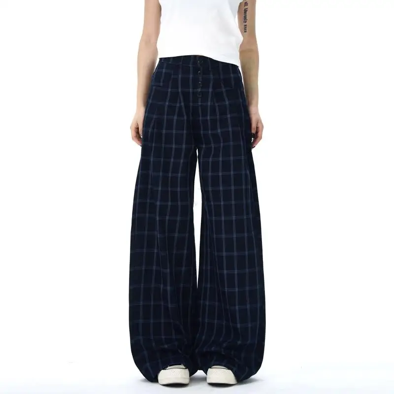 

Повседневные брюки в американском стиле ретро в глубокую клетку для мужчин и женщин, дизайн на пуговицах, драпированные широкие брюки, свободные прямые брюки длиной до пола