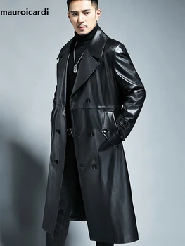 Men's PU Leather Trench Coat 4 Mauroicardi Spring Autumn Long Cool Waterproof Black Pu Leather Trench Coat Men Double Breasted Plus Size Outerwear 4xl 5xl 2022 4