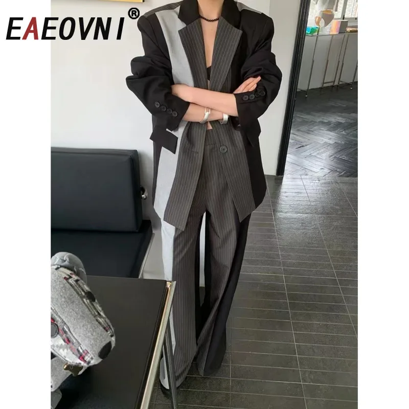 

EAEOVNI Autumn Fashion Women Two Piece Set Striped Contrast Color Design Blazer + Long Pants Office Lady 2025 New Clothing