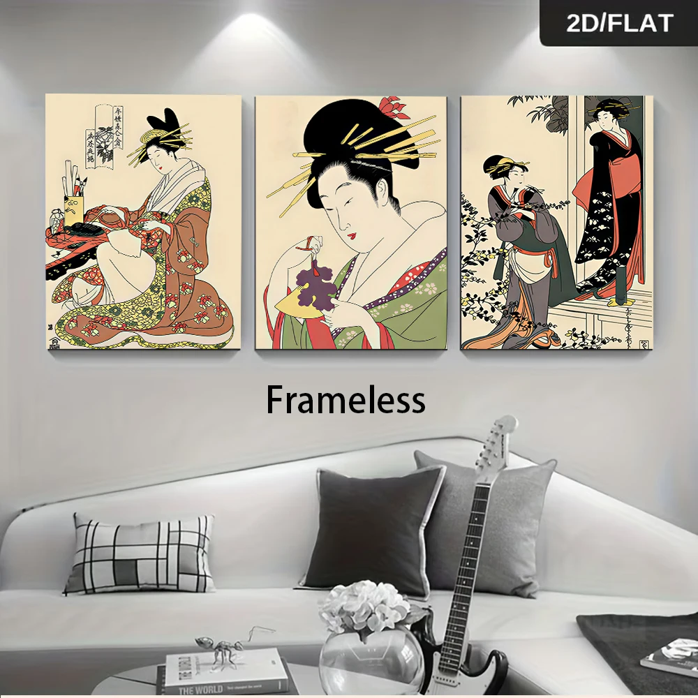 (3PCS Unframe)1 Set Ukiyo-e triptych frameless Wall Art, Japanese Traditional Beauty for Living Room Bedroom Hallway, Vintage Ja
