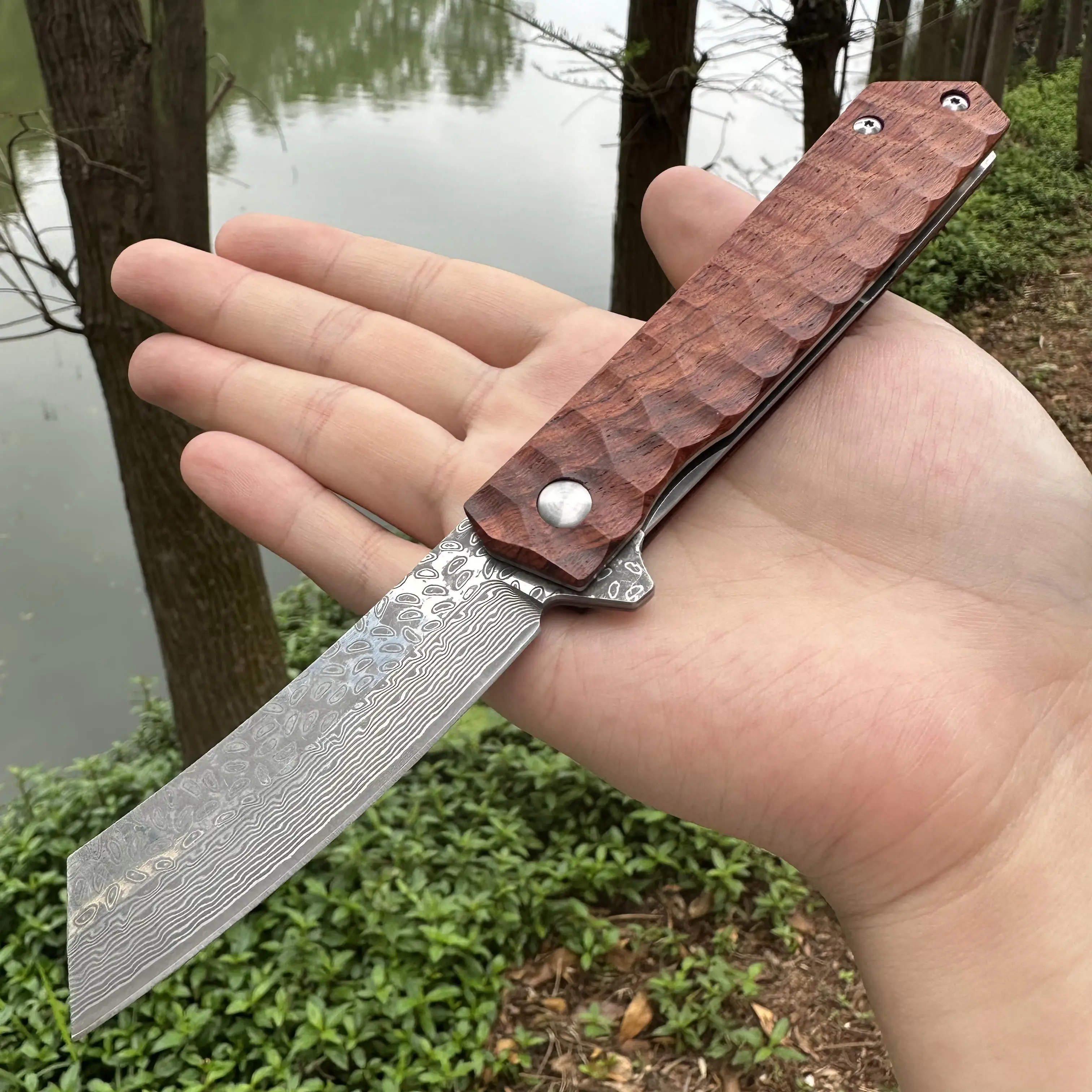 

Steel Rose Handmade Pocket Knife Folder Damascus Blade Rosewood Handle Smooth Ball Bearing Japanese Collection Knife EDC Outdoor