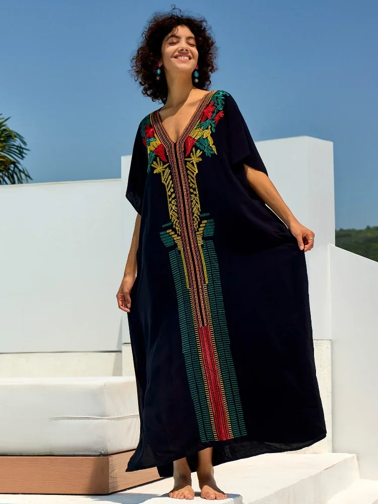 Edolynsa Chic Geborduurd Vrouwen Losse Zwarte Kaftan V-Hals Batwing Mouw Strandjurk Badpak Cover Up Gezellige Outfit Q1673