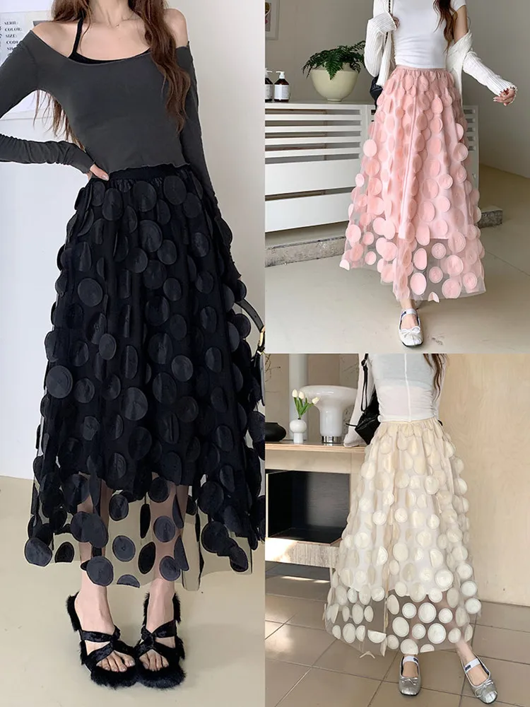 Korean style Vintage Women Sweet Elegant Elastic High Waist Mesh Skirt Beige Pink Holiday Dot Skirt Spring Summer Skirt