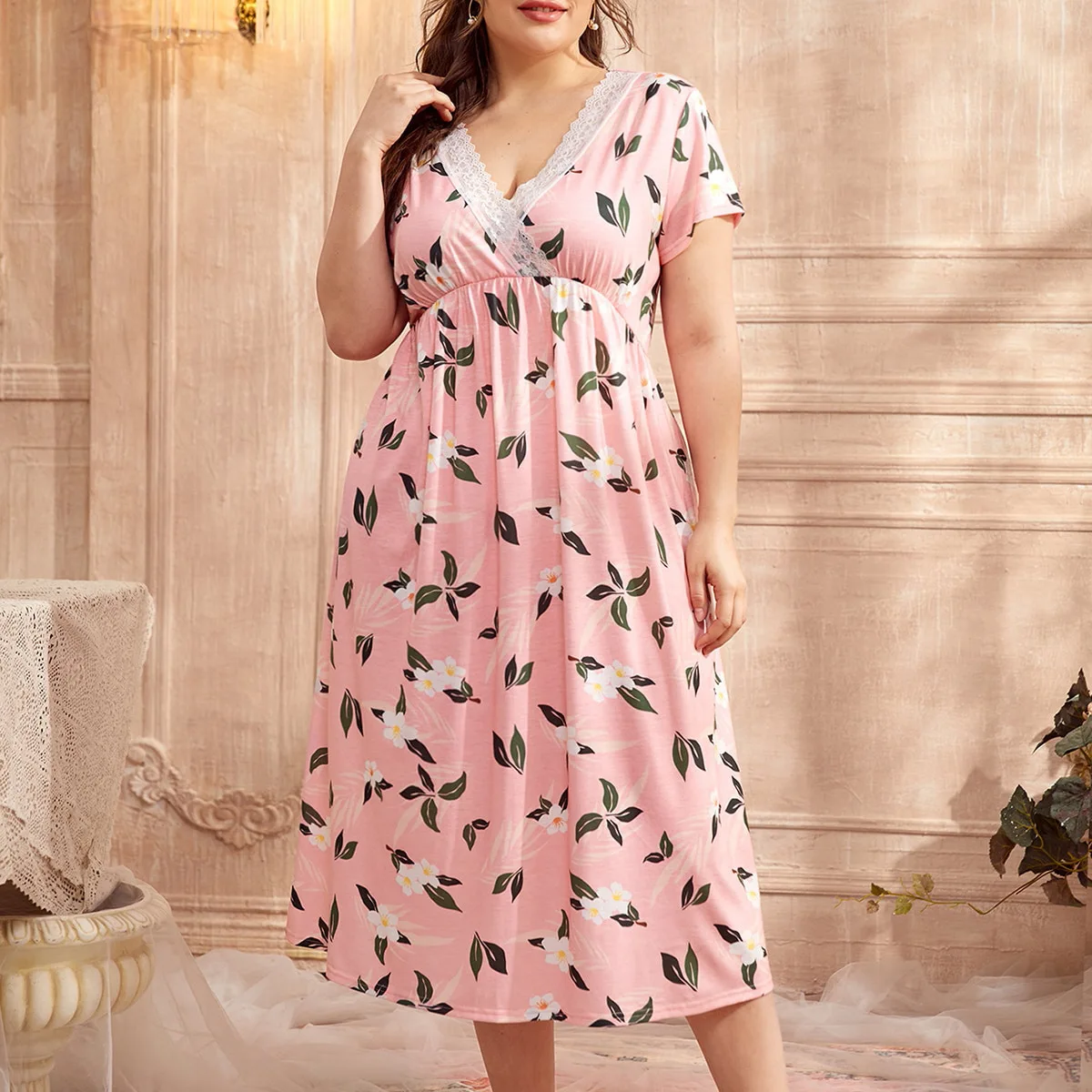 Sexy Lace Plus Size 3XL 4XL 5XL Nightdress Fashion Casual Printing Home Clothes Loose Fitting Sleepwear Female Satin Nightwear