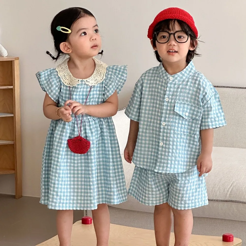 2026 Summer Kids Plaid Shirt Set, Boys Outfit & Girls Dress, Sibling Matching Brother Sister Wear for  80-150cm