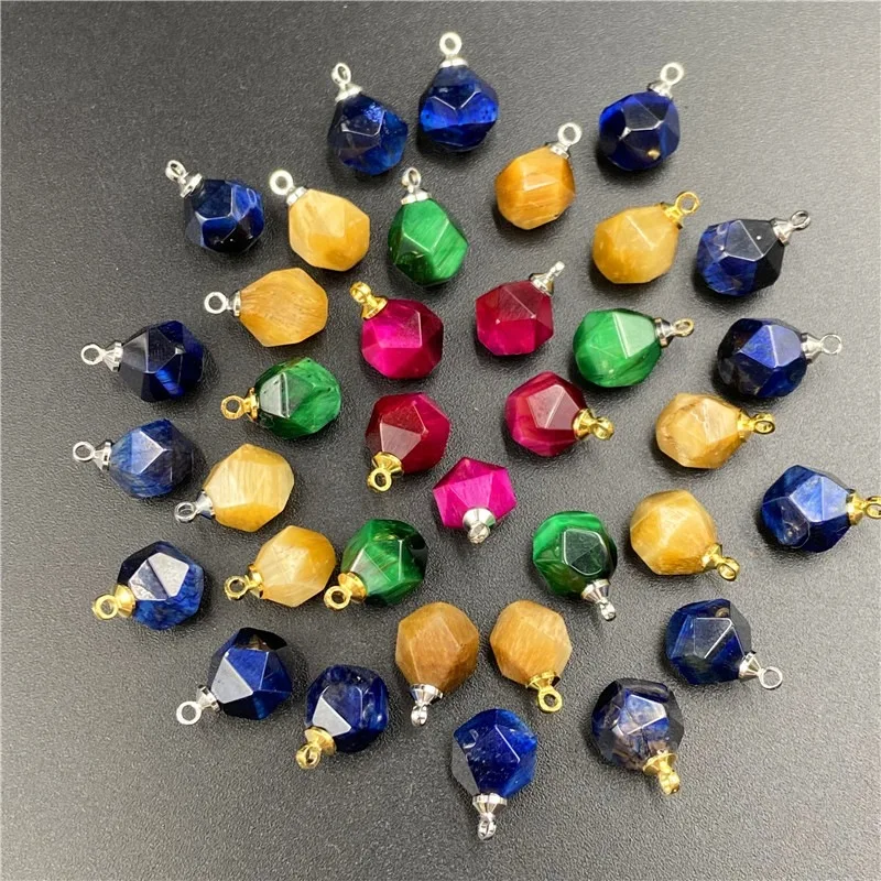 20pcs/lot Polygon Faceted 14mm Green Blue Tiger Eye Stone Pendant Geometric Charms for Jewelry Making Accessories