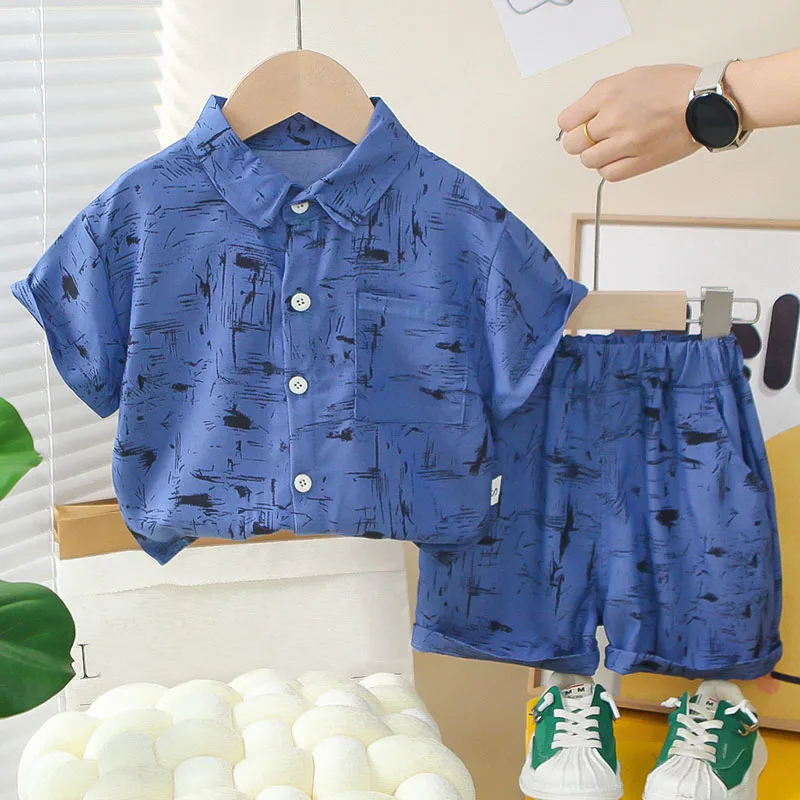 2Piece Summer Toddler Boy Clothing Korean Kids Clothes Fashion Print Short Sleeve Cotton Blue Tops+Shorts Children's Sets B145