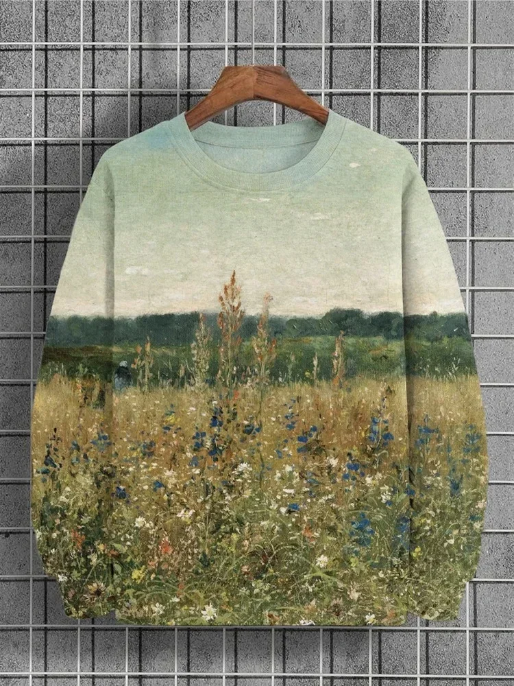 2024 New Spring and Autumn Casual Men\'s Tops Outdoor Scenery Oil Painting Print Art Long Sleeve Round Neck Men\'s Loose Sweatshir