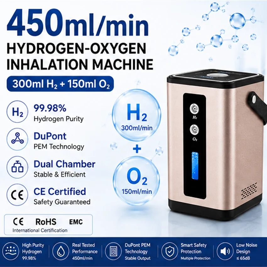 450ml/min Hydrogen Oxygen Inhalation Machine 99.98% Pure H2 Generator DuPont PEM Dual Chamber CE Certified Home Wellness Device