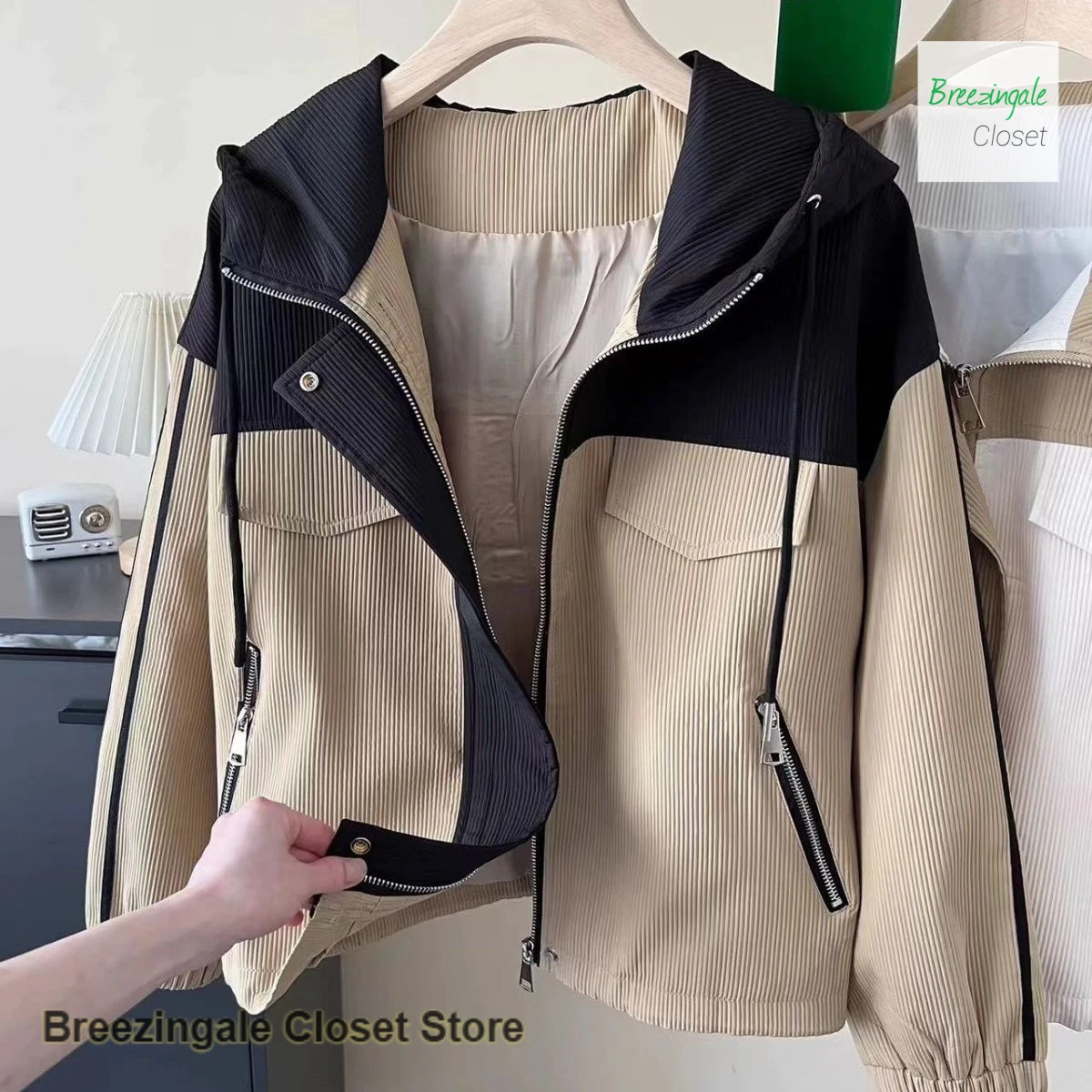 French style stitching contrast short hooded jacket women's spring and autumn plus size loose casual Joker tooling jacket top.