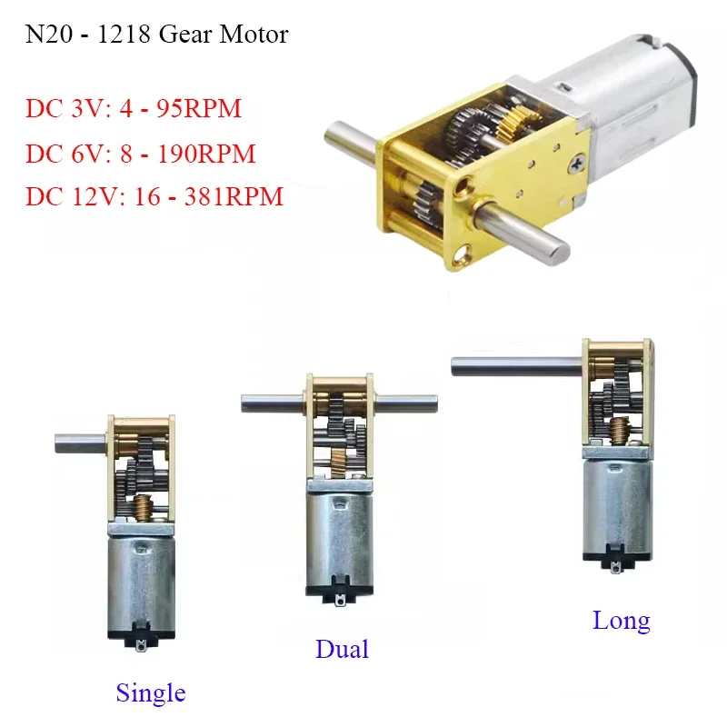 Moteur à engrenages miniature N20-1218 DC3V 6V 12V, à arbre simple/double/long, 4RPM-381RPM, à vitesse lente et couple élevé, avec boîte de vitesses entièrement métallique